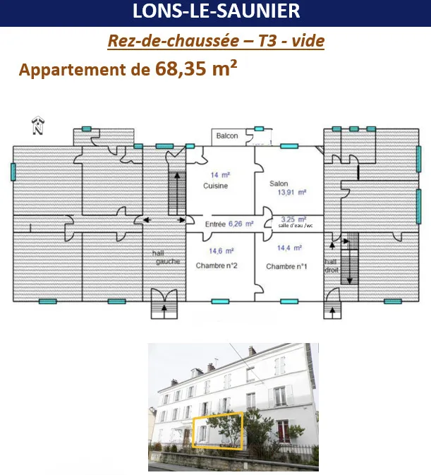 VENTE : LONS-LE-SAUNIER (39 JURA), À VENDRE APPARTEMENT TYPE 3 DE 68.35 M² AVEC BALCON, CAVE ET GRENIER