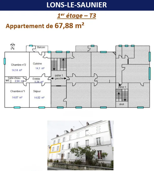 VENTE : LONS-LE-SAUNIER (39 JURA), À VENDRE APPARTEMENT TYPE 3 DE 67.88 M² AVEC BALCON